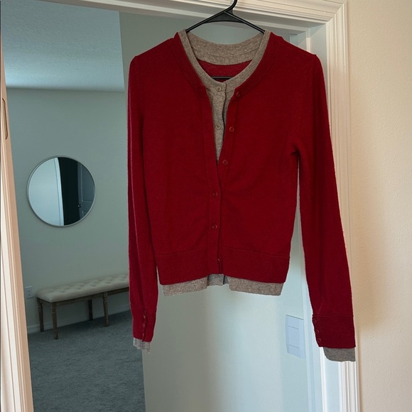 NAADAM Red and Gray Wool Blend Sweater, Red Cashmino Layered Cardigan - Picture 2 of 8